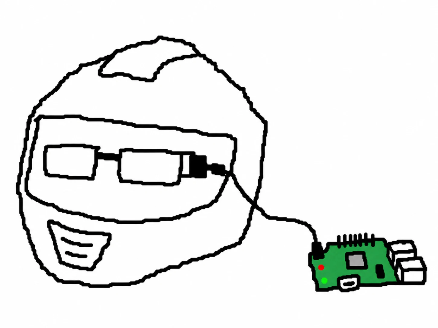 Rough MS Paint-style sketch of glasses inside a helmet connected to a Pi