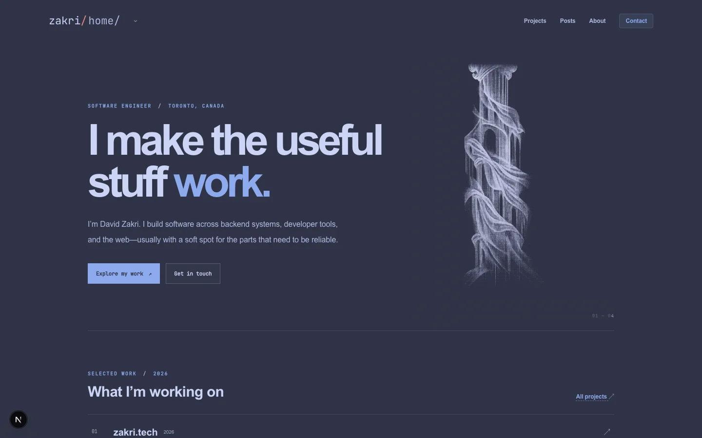 The zakri.tech homepage with its engraved artwork and project overview